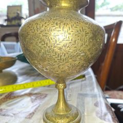 Rare Antique Brass or Bronze Hand Engraved Holy Water Vessel or Vase. around 19th Century. Great Antique Decor for Collector or your home