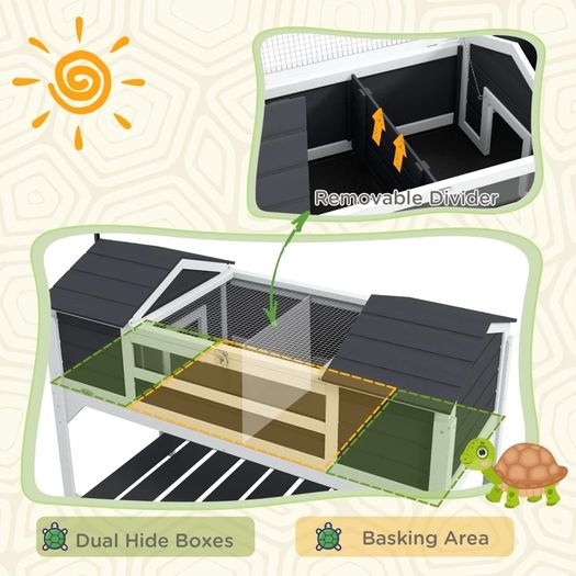 Wooden Tortoise Enclosure w/ Adjustable Lamp Holder, Openable Lid, Dual Main Houses, Storage Shelf, Fixed Tray - Grey