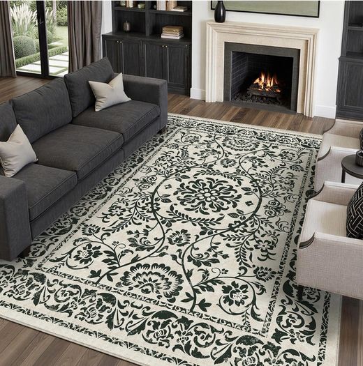 Vintage Rugs Living Room Area Rug 200x300cm Black Large Non Slip Washable Lounge Dining Room Bedroom Kitchen Office Indoor Carpet Low Pile Big Carpets