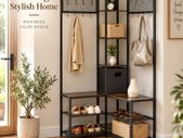 Corner Coat Rack with Shoe Bench, Hooks & Storage Shelves  Rustic Brown & Black