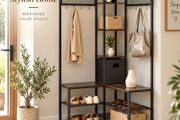 Corner Coat Rack with Shoe Bench, Hooks &amp; Storage Shelves  Rustic Brown &amp; Black