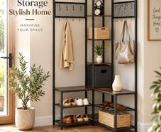 Corner Coat Rack with Shoe Bench, Hooks & Storage Shelves  Rustic Brown & Black