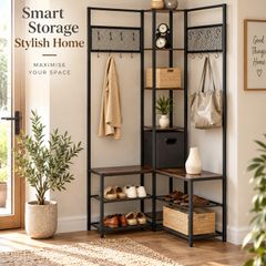 Corner Coat Rack with Shoe Bench, Hooks & Storage Shelves  Rustic Brown & Black