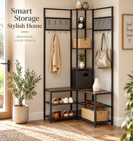Corner Coat Rack with Shoe Bench, Hooks & Storage Shelves  Rustic Brown & Black
