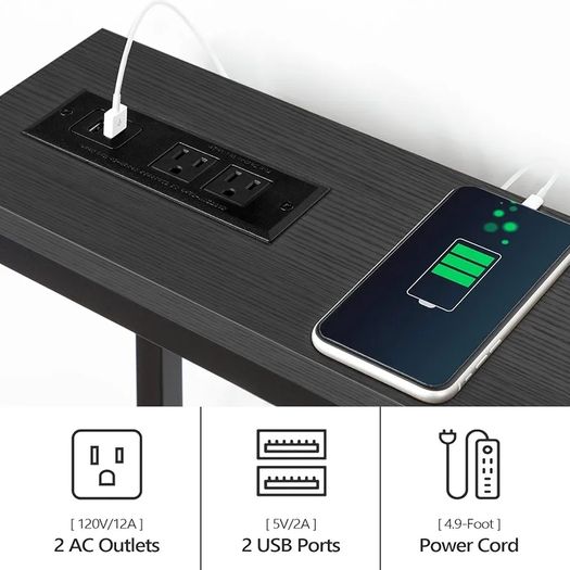 Skinny Console Table with Power Outlets, 160 cm Narrow Sofa Table, Behind Couch Table with Charging Station for Plants, Living Room, Black