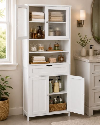 Storage Cabinet, Freestanding Bathroom Storage Unit with Adjustable Shelves, Drawer