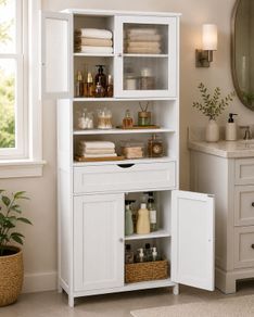 Storage Cabinet, Freestanding Bathroom Storage Unit with Adjustable Shelves, Drawer