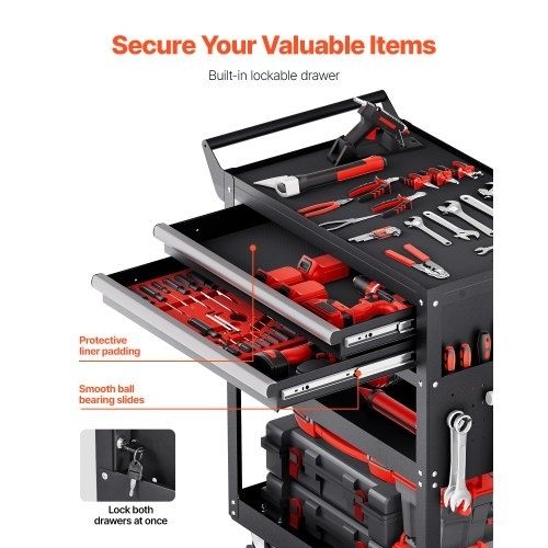 5-Tier Tool Cart with Wheels, 400 lbs Load Capacity, Rolling Work Cart with 2 Drawers & Pegboard, Mechanic Tool Storage Organizer with Locking System for Garage, Warehouse and Repair Shop, Black