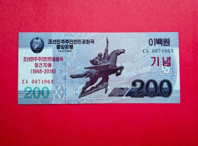 North Korea  200  Won   2008. . Pick 62. COMMEMORATIVE ISSUE  1948 - 2018  ( Uncirculated )