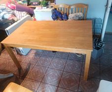 table used not too bad if you like it could be sanded to freshen it up or put a cover over it but solid plenty of life left in it just the table