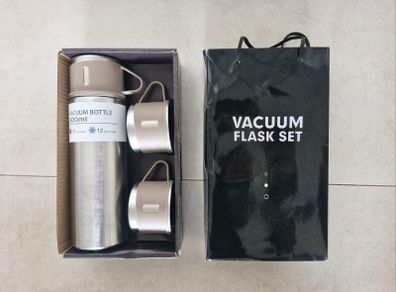 Vacuum flask with cups set silver
