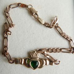 Vintage 9Ct GOLD  Green CZ Claddagh Bracelet L-7,4"   3,38g