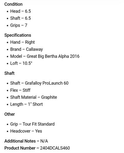 Callaway Great Big Bertha Alpha 2016 Driver / 10.5 Degree / Grafalloy ProLaunch 60 Stiff