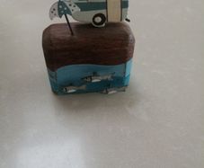Small wooden ornament caravan by the sea handmade