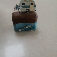 Small wooden ornament caravan by the sea handmade