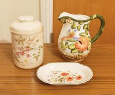 Beautiful trio  Trompe L' Oeil Hummingbird and Hibiscus Table Pitcher, Royal Worcester Spode Palissy  & "The Country Diary Collection"  by Royal Winton Staffordshire  1977