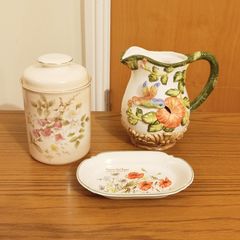 Beautiful trio  Trompe L' Oeil Hummingbird and Hibiscus Table Pitcher, Royal Worcester Spode Palissy  & "The Country Diary Collection"  by Royal Winton Staffordshire  1977