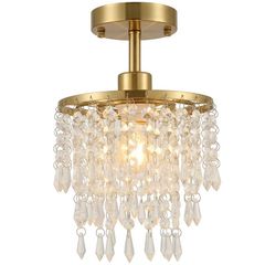 Gold Crystal Ceiling Light with 57 Crystal Strands, Ceiling Light with Mounting Plate for Hallway,