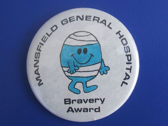 MR. MEN (Mr Spendy & Mr Bump) - two large size button badges MANSFIELD GENERAL HOSPITAL and HUDDERSFIELD & BRADFORD building society (55mm dia.)
