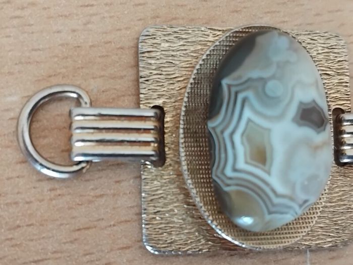 Quality polished stone mid-century modernist 7" link gilt bracelet Costume FREEPOST