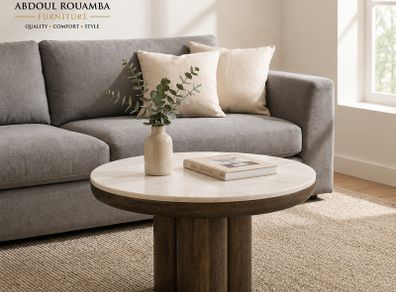 Modern Round Coffee Table 60cm White Marble Effect Top with Metal Base