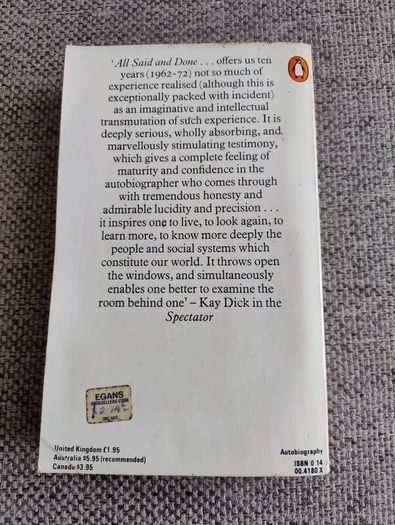 Simone de Beauvoir All Said and Done 1979 in good used condition with some signs of wear on the cover see photos FREE STANDARD POSTAGE INCLUDED