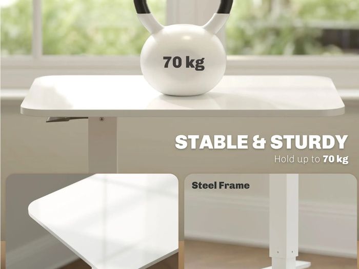 Height Adjustable Standing Desk, Pneumatic Sit Stand Desk for Laptop, Mobile Overbed Table with Wheels for Home Office, White