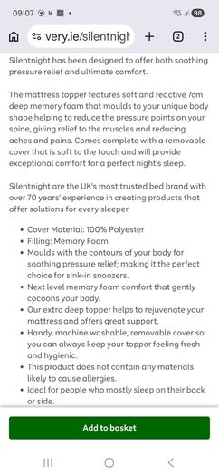 Mattress Topper Kingsize Silentnight Impress 7cm