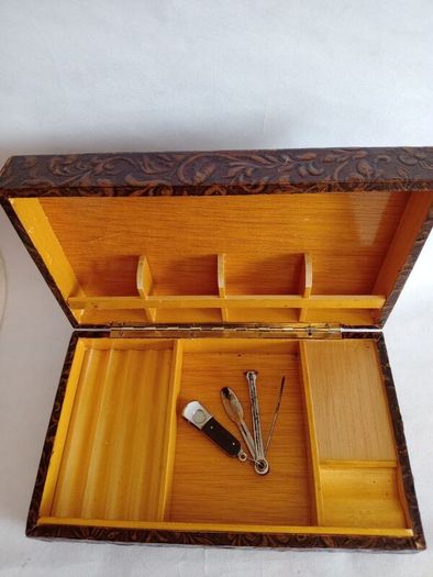Vintage Tooled Leather Musical Cigar Box with Accessories