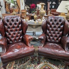 Pair of Vintage Leather Wingback Chairs  Classic Chesterfield Style