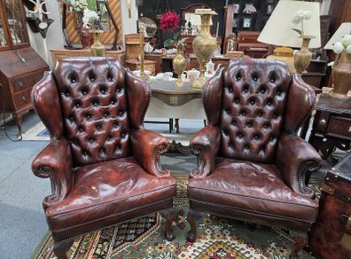Pair of Vintage Leather Wingback Chairs  Classic Chesterfield Style