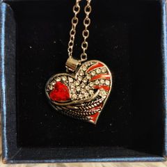 Heart-Shaped Pendant Necklace with Red Glass Heart and Wing Details