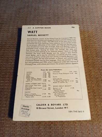 1972 Watt. Samuel Beckett. Fiction. Literature. Vintage.