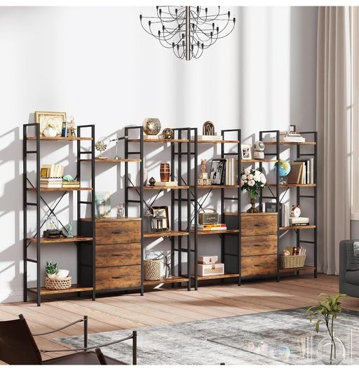 4-Tier Bookcase with Drawers, 100cm Wide Rustic Brown Shelving Unit 142cm Height, 10 Open Shelves + 3 Fabric Drawers, Industrial Rustic, For Living/Bedroom/Home Office, Large Storage