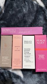 Luxury eye creams new Glowbiotics, true botanicals, MZ skin,  Paula choice, peach and Lily