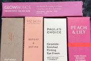 Luxury eye creams new Glowbiotics, true botanicals, MZ skin,  Paula choice, peach and Lily