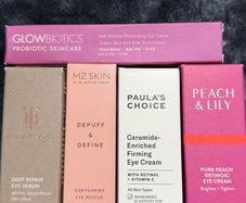 Luxury eye creams new Glowbiotics, true botanicals, MZ skin,  Paula choice, peach and Lily
