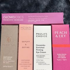 Luxury eye creams new Glowbiotics, true botanicals, MZ skin,  Paula choice, peach and Lily