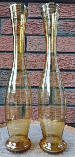 Vintage Pair of Amber Glass Vases