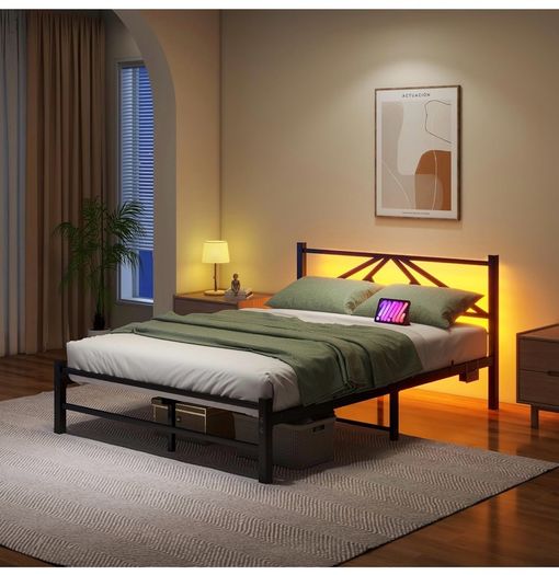 Double Bed Frame with Charging Station,LED Headboard,Black Modern Geometric Headboard Metal Platform Bed Frame for bedroom,Under Bed Storage Space,No Box Spring Needed,Easy Assembly