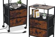 Slim Bedside Table Set of 2 with Charging Station &amp; 2 Drawers - Narrow End Table with 2 Outlets, USB Ports,Industrial Rustic Brown Nightstand for Small Spaces, Bedroom, Living Room