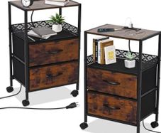 Slim Bedside Table Set of 2 with Charging Station & 2 Drawers - Narrow End Table with 2 Outlets, USB Ports,Industrial Rustic Brown Nightstand for Small Spaces, Bedroom, Living Room