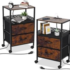 Slim Bedside Table Set of 2 with Charging Station & 2 Drawers - Narrow End Table with 2 Outlets, USB Ports,Industrial Rustic Brown Nightstand for Small Spaces, Bedroom, Living Room
