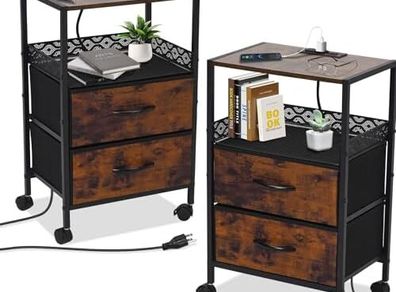 Slim Bedside Table Set of 2 with Charging Station & 2 Drawers - Narrow End Table with 2 Outlets, USB Ports,Industrial Rustic Brown Nightstand for Small Spaces, Bedroom, Living Room