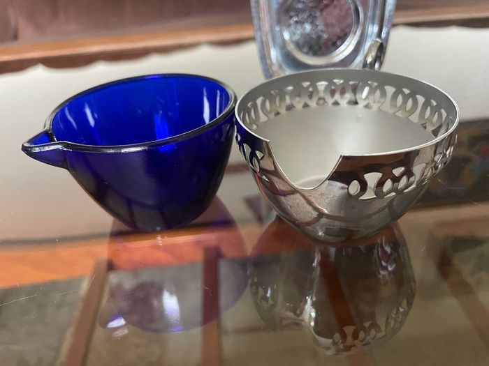 Vintage Silver Chromed Metal Cobalt Blue Glass Sugar and Creamer Set Serving Tray