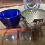 Vintage Silver Chromed Metal Cobalt Blue Glass Sugar and Creamer Set Serving Tray Image 7