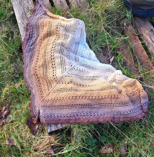 Handmade crochet triangle shawl wrap. Brown and beige ombre lacy shawl