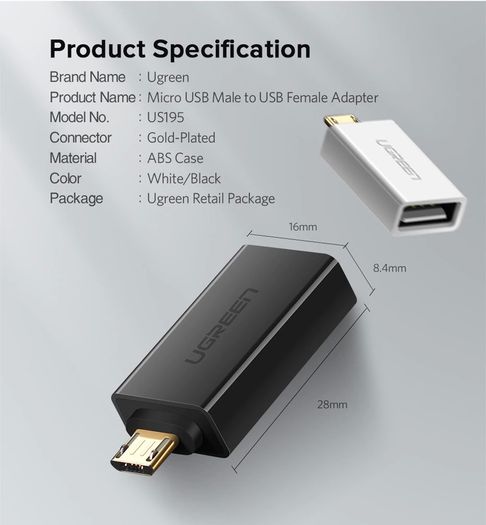 Ugreen OTG Micro USB (Male) to USB-A (Female) QC 3.0-2.0 Charger & Sync Convertor Adapter (Brand New/Warranty)