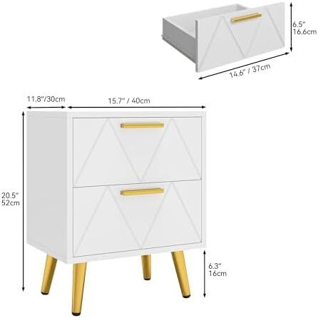 2-Drawer Bedside Table Set of 2, Small Bedside Storage Cabinet with Storage, Nightstand End Table for Living Room Bedroom Office, 40x30x52cm, White & Gold