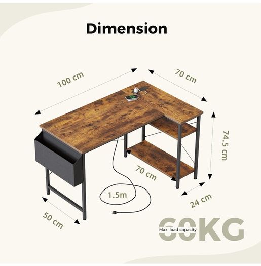 Small L Shaped Desk with Power Outlets,100 cm L Computer Corner Desk